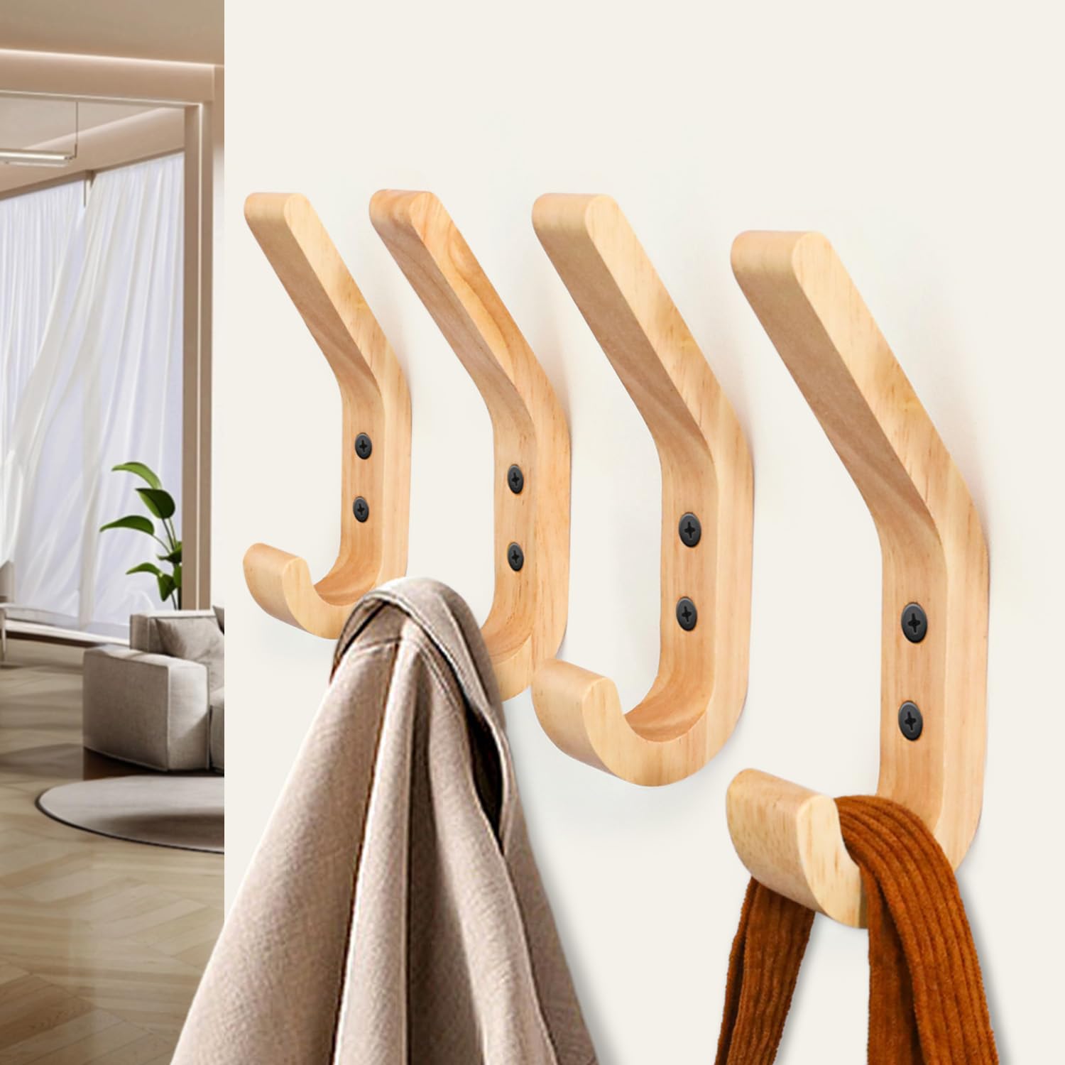 Ganci Autoadesivi In Legno Per Parete - 4 Pezzi Stile Rettangolare Faggio, Porta Oggetti Decorativi - Foto 3