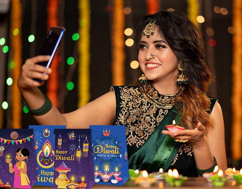 Miniatura 4 de ALIBBON 12 bolsas de regalo Happy Diwali, suministros de fiesta Diwali, bolsas de papel kraft para aperitivos de dulces, bolsas de regalo de fiesta