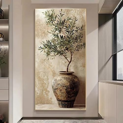 GOSRD Modern Canvas Prints Olive Tree Wall Art Beige Green Leaf Vase For Living Decortions(80X160cm)