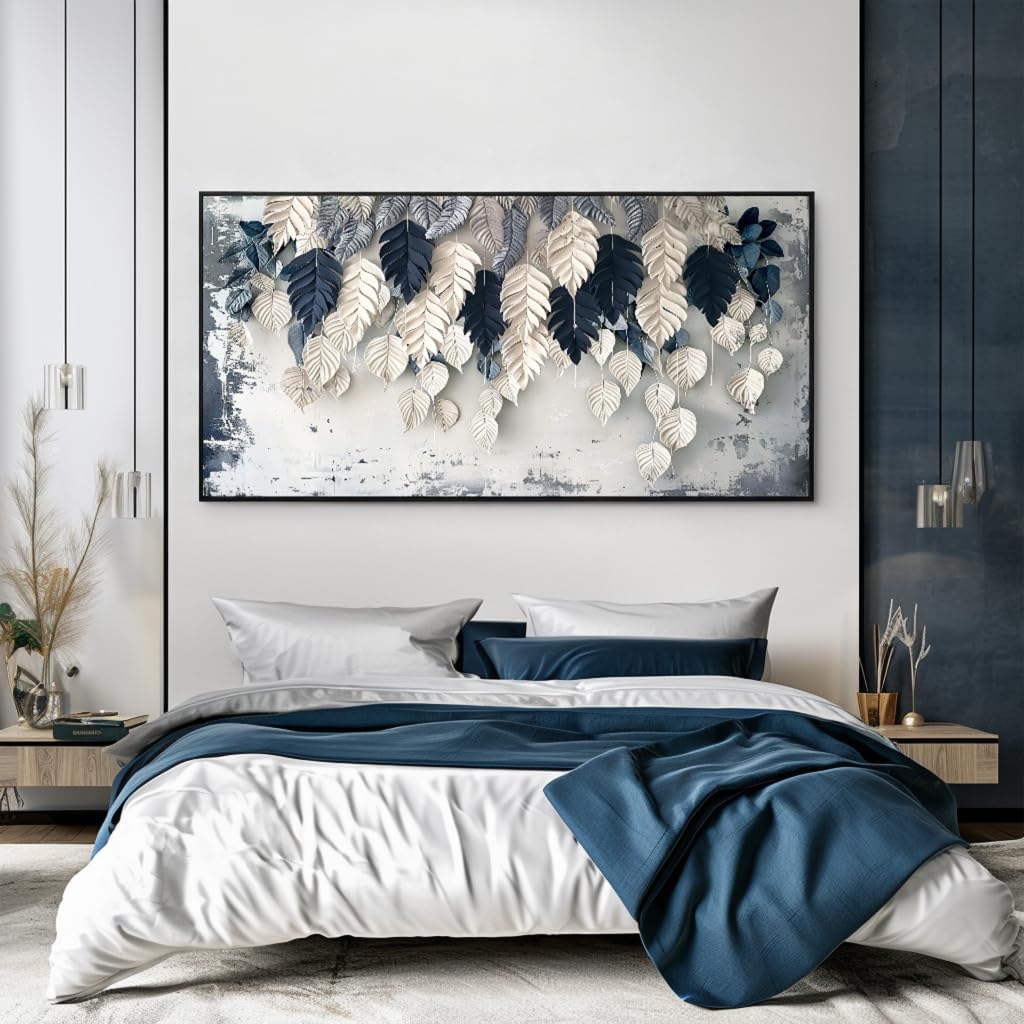 Botanical Leaf Wall Art White Blue Modern Framed Canvas Decor 20"x40" image 4