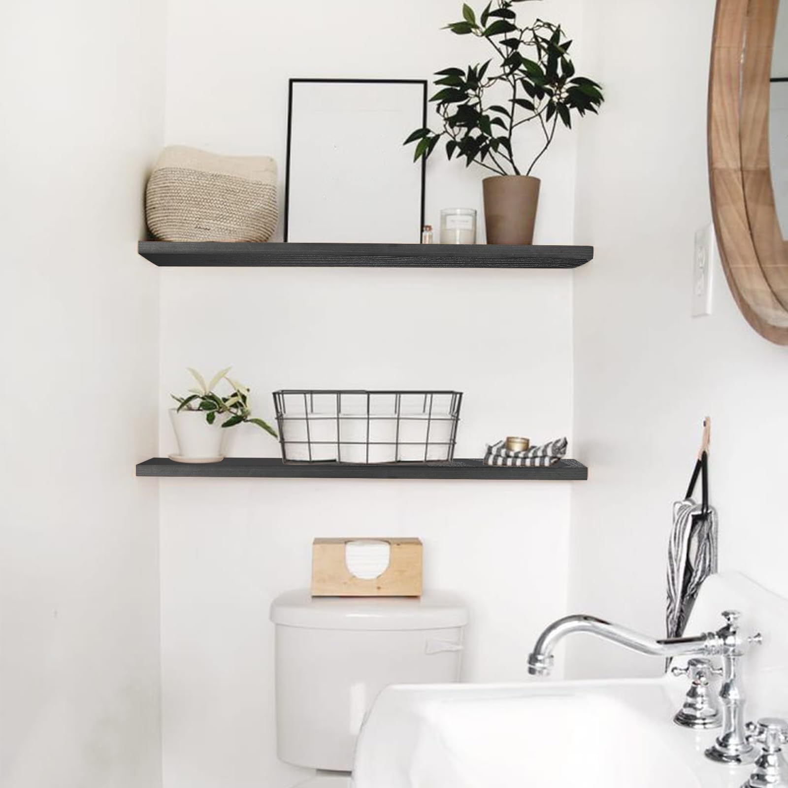 Floating Shelves Set of 2, Wall Mounted Rustic Wood Shelf for Wall Decor, Wall Shelves for Bathroom Storage, Bedroom Living Room Kitchen, Hanging Shelf Set 23", Black