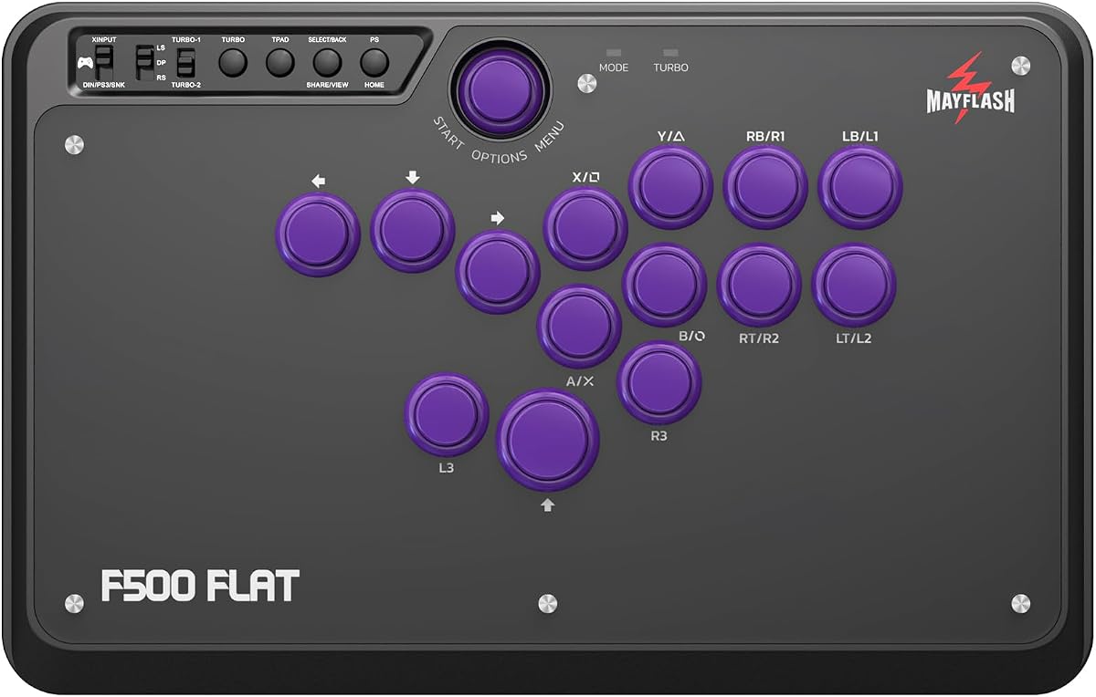 MAYFLASH F500 FLAT Fight Stick Controlador arcade de todos los botones para PS4, PC, Xbox Series S/X, Xbox One, Switch/Switch 2, Steam Deck, macOS, Android, Raspberry Pi, NEOGEO mini y más