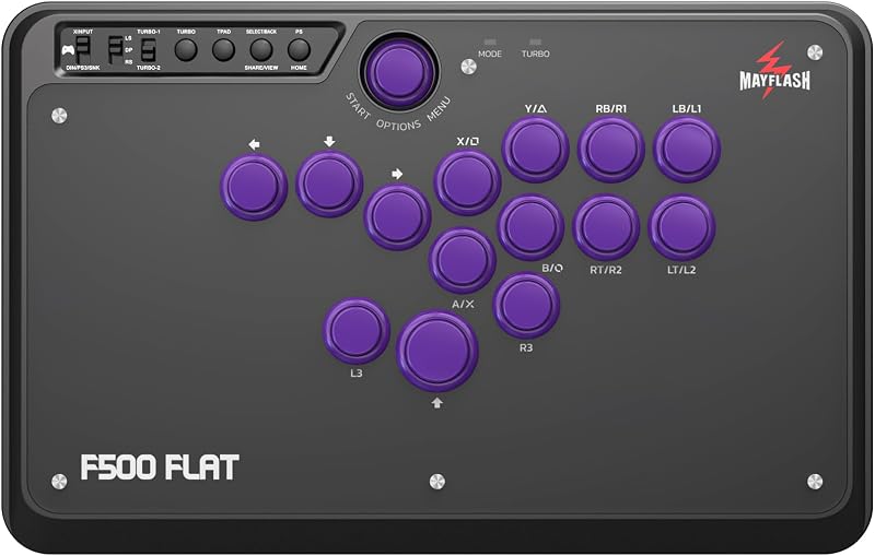 MAYFLASH F500 FLAT Fight Stick Controlador arcade de todos los botones para PS4, PC, Xbox Series S/X, Xbox One, Switch/Switch 2, Steam Deck, macOS, Android, Raspberry Pi, NEOGEO mini y más