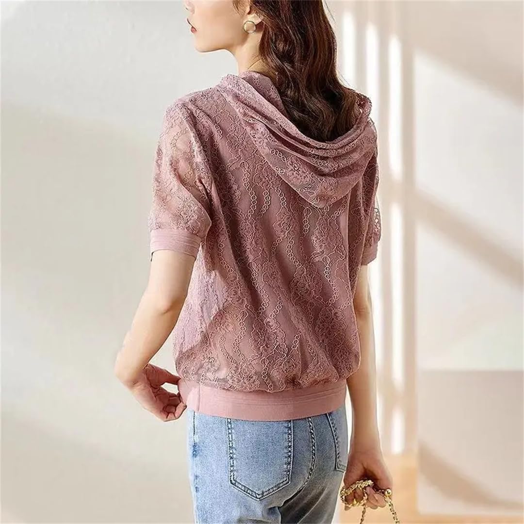 Camicetta dritta da donna con cappuccio estiva a maniche corte scava fuori casual pizzo patchwork con coulisse camicia