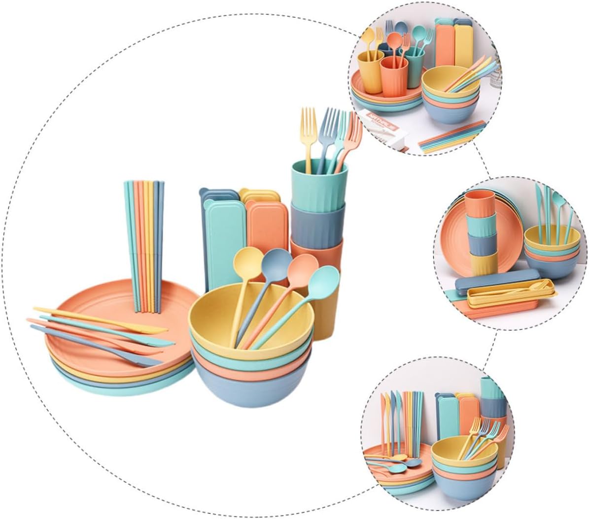 Sosoport 32-Piece Portable Wheat Straw Cutlery Set Microwave Safe Dinnerware Includes Bowls Plates Forks Spoons and Chopsticks for Outdoor Dining and Camping