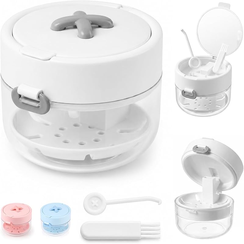 Dentaduras postizas 3 en uno, caja de limpieza de retenedores, estuche de retenedores para mujeres, adolescentes y niñas, estuche de baño para dentaduras postizas de gran capacidad con cepillo de limpieza de espejos y herramienta de extracción para usuarios de ortodoncia y dentaduras postizas (blanco)
