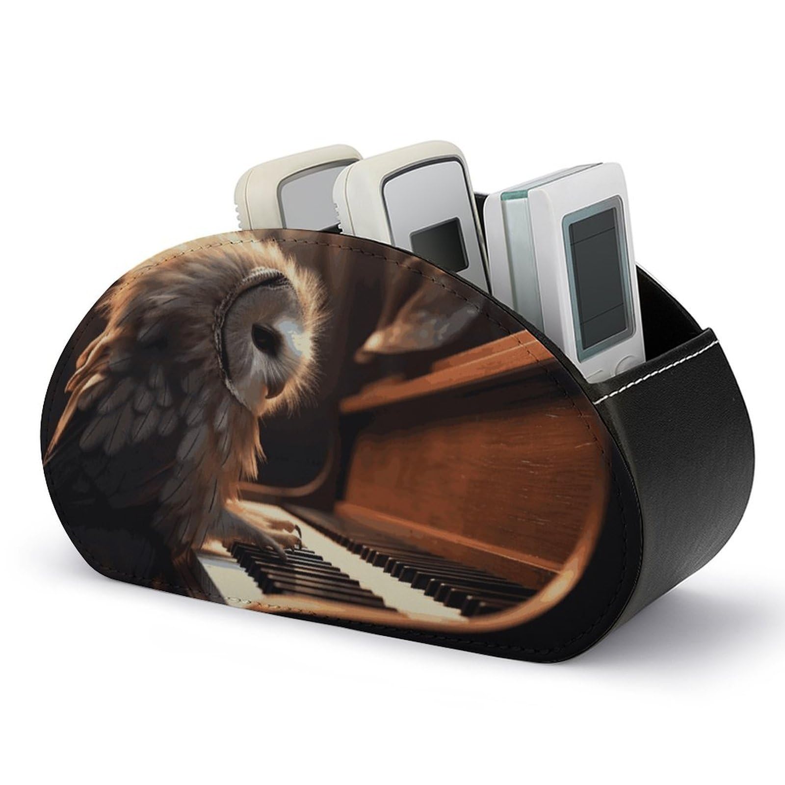 JTREHY Owl Plays Piano Remote Control Holder with 5 Compartments Pu Leather Remote Caddy Box Multi-functional Deskt Holders Organizer Box Tray Bedside Table Storage Organizer