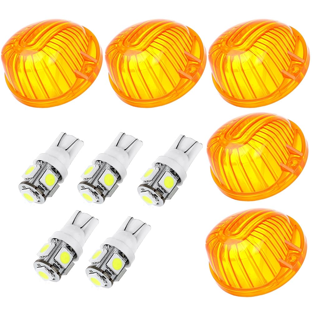 LBRST 5x Amber Round-Shape Cab Marker Light Assembly Roof Running Cab Marker Cover Lens w/T10-5-5050-SMD White LED Bulb For Chevy Truck pickup 1973-1991 For Chevy K30 Pickup K20 Suburban K10 Suburban