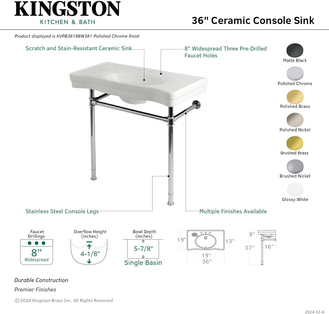 Kingston Brass KVPB36198W381 Imperial 36" Ceramic Console Sink with Stainless Steel Legs (8-Inch, 3-Hole), White/Polished Chrome