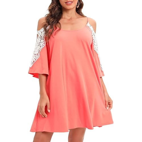 Roiii Women's Embroidered Crochet Lace Sleeve Shift Tunic Dress Bell Sleeve Shift Dress Mini Casual Dress
