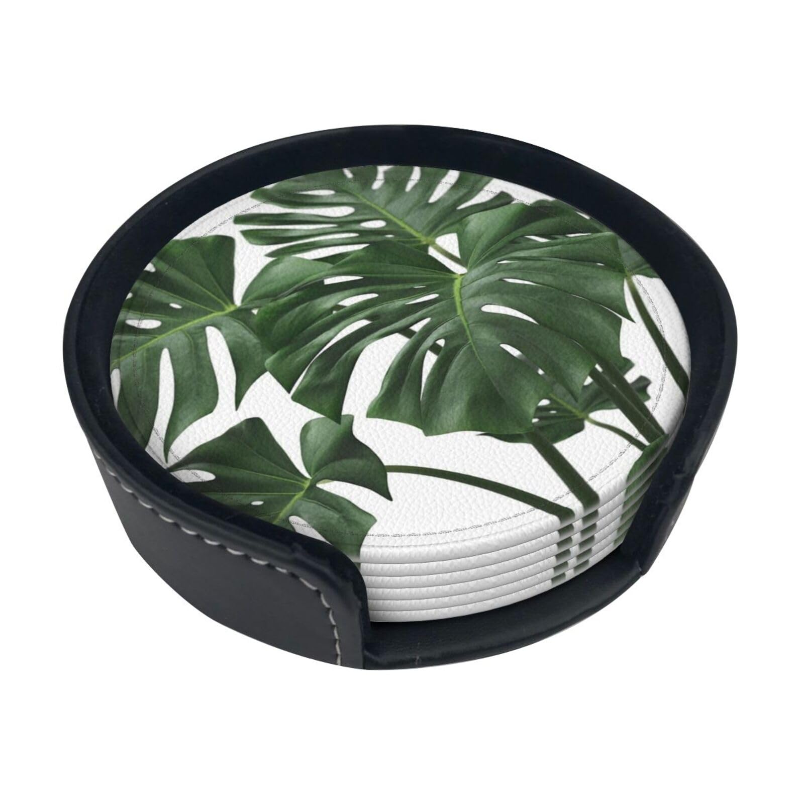 monstera leaves Coasters for Drinks Set of 6 with holder Non-slip Leather Coaster Round Drink Coaster for Tabletop Protection, Cup Mat for Coffee Table Decor