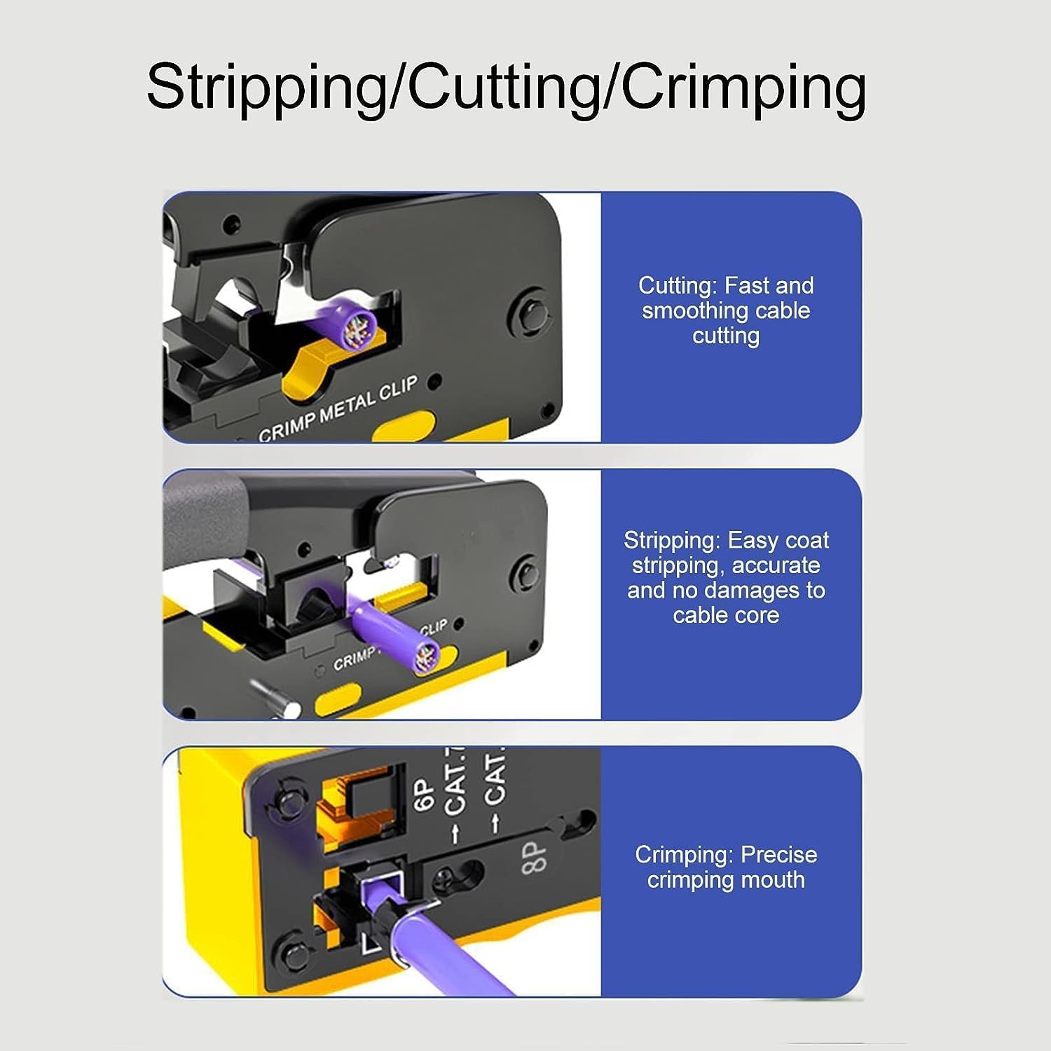 atdaraz RJ45 Crimp Tool Pass Through Crimper for RJ45 Connectors, Cat6, Cat6A, Cat5, Cat5E Connector Ethernet Crimper Tool with Mini Cable Stripper 3