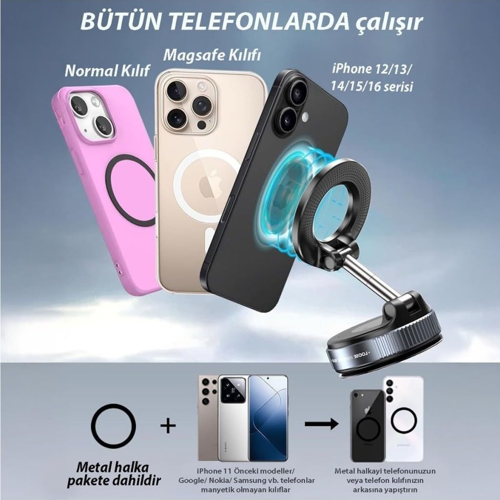UnDePlus Manyetik M-Safe ile Uyumlu 360 Dönen Ayarlanabilir Araç İçi Telefon Tutucu Vakumlu Katlanabilir K007 Siyah