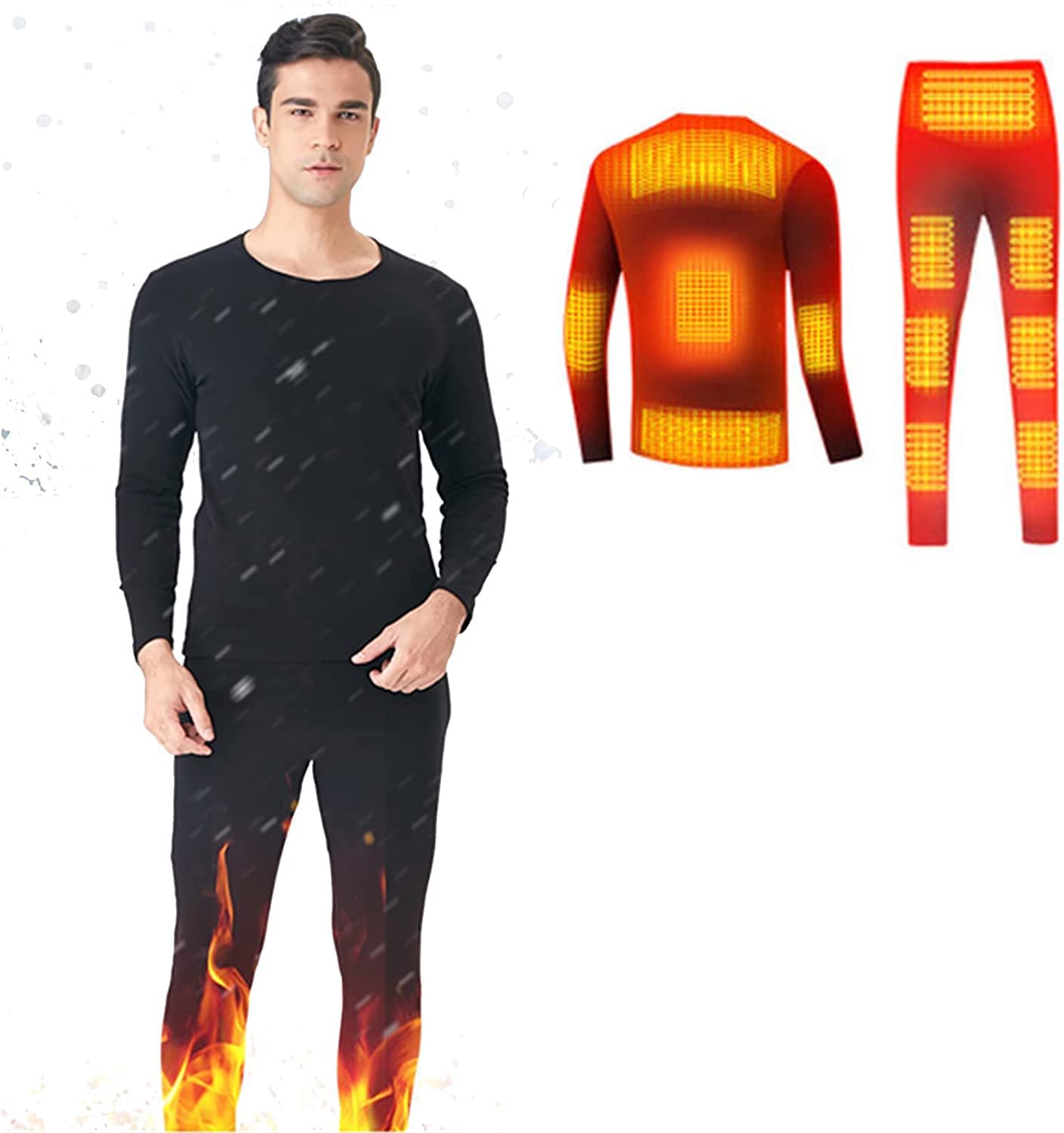 Conjunto de ropa interior térmica para hombres Camisas térmicas de manga larga con calefacción Pantalones Capa base con calefacción eléctrica USB Adecuado para acampar en invierno (Negro XXL