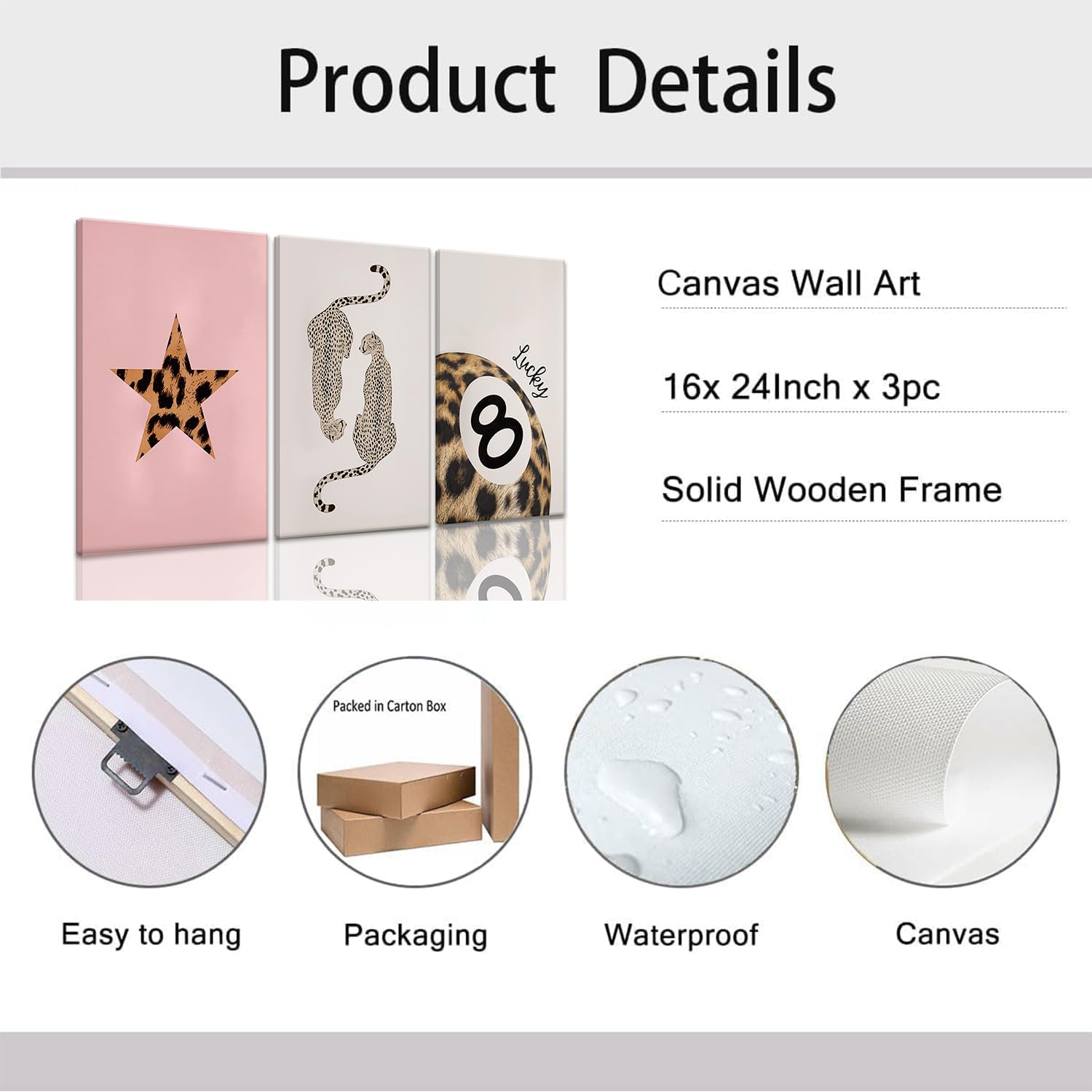 3Pcs Cheetah Wall Art Animal Leopard Canvas Prints Framed Funky Pink Pictures Lucky 8 Ball Posters Decor Paintings Aesthetic Y2k for Girly Bedroom Apartment Dorm Bathroom Living Room