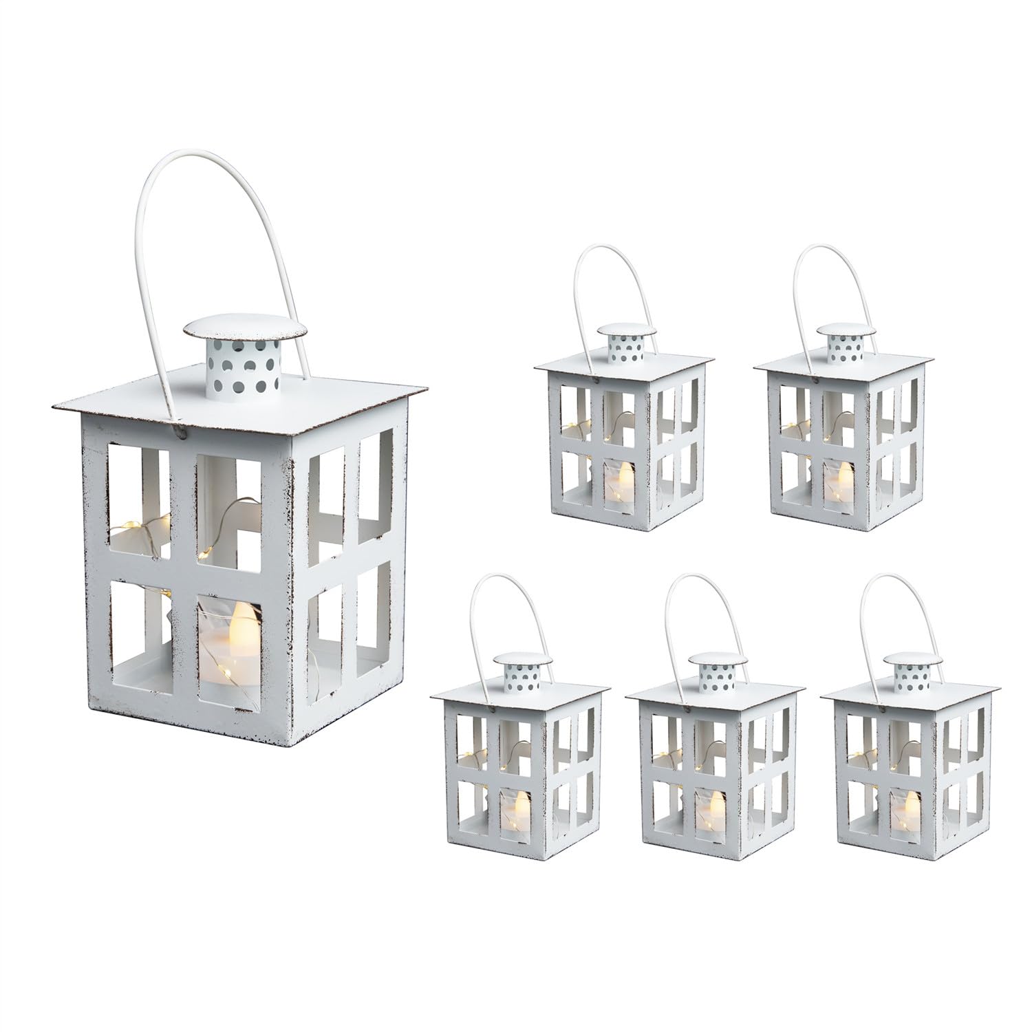 HPC Decor mini lampiony dekoracyjne, metalowe lampiony z diodami LED, podgrzewacz i łańcuch świetlny, nowoczesna dekoracja domu wiejskiego do użytku wewnątrz i na zewnątrz, na ślub, imprezę, dekoracja