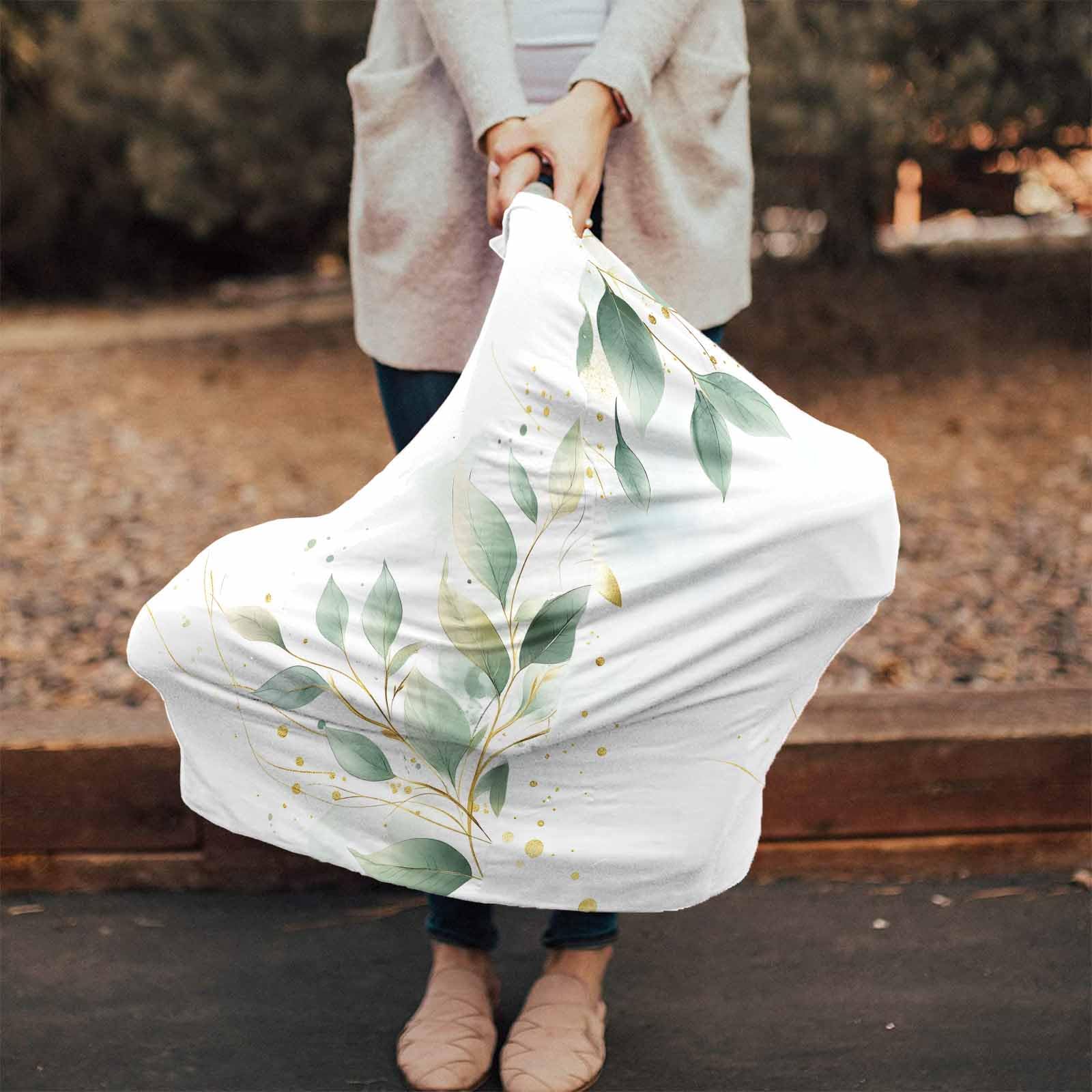 Watercolor Sage Green Leaves Nursing Cover for Breastfeeding Scarf, Gradient Spring Country Style Baby Car Covers Super Soft Multi Use for Canopy Shopping Cart Cover Blanket Stroller Cover