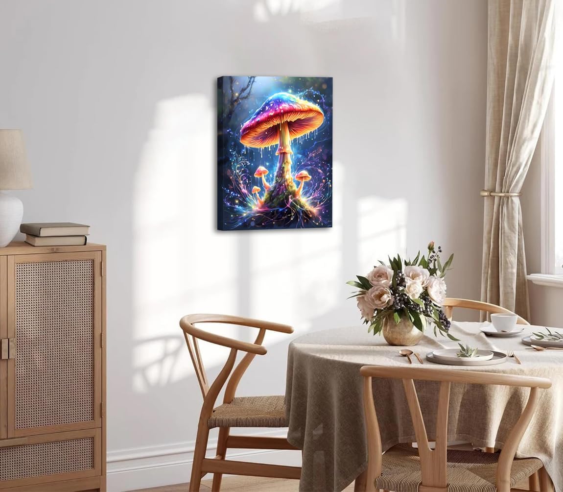Mushroom Wall Art,Colorful Mushroom Pictures Wall Decor Graffiti Forest Canvas Prints Framed Artwork Paintings for Kitchen Bedroom Living Room Home Decoration 12"x16"