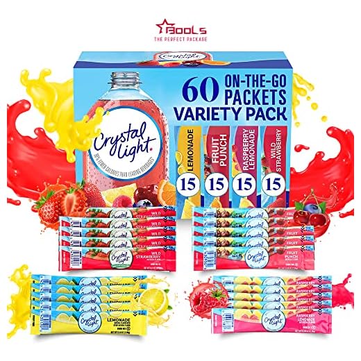 Crystal Light Variety Pack - 60 Count Singles On-the-Go Packets Low-Calorie Sugar-Free Powdered Drink Mix 15 Each Lemonade Fruit Punch Raspberry & Wild Strawberry Flavors by Bools, 0.08 Ounce