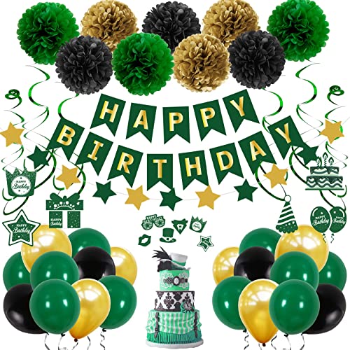 Keeyra Birthday Decorations for Men, Green and Gold Party Boys Women Girls HAPPY Banner Latex Balloons Cake Toppers Bday Supplies 13th 16th 18th 21st 30th 40th 50th 60th