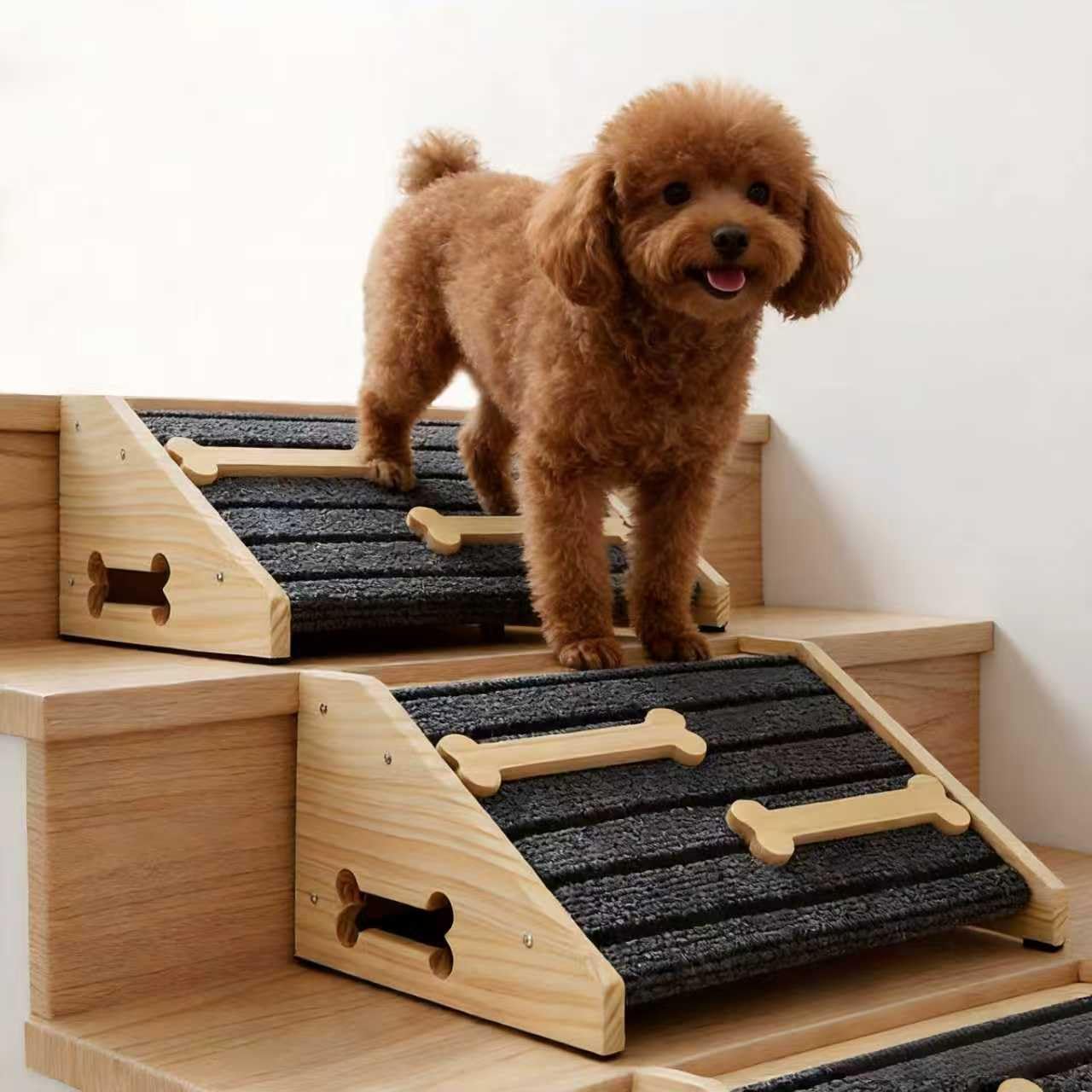 Photo 1 of 2-Pack Wooden Pet Stair Ramp - Felt Surface with Non-Slip Ribs Natural Pine Wood Suitable for Small Medium Dogs, assists Senior Dogs and Injured Pets up and Provides a Safe Indoor Passageway.