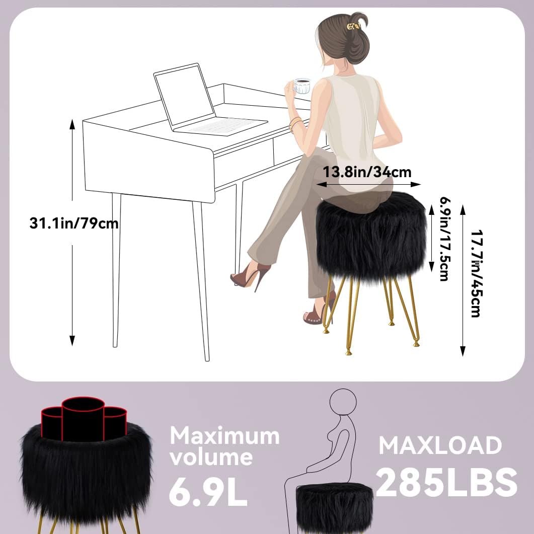 Vanity Stool Chair with Storage, Faux Fur Makeup Room Seat Stool, Soft Padded Seat, Round Footrest Footstools with 4 Metal Legs & Adjustable Footings, Vanity, Bathroom, Bedroom Chairs Black