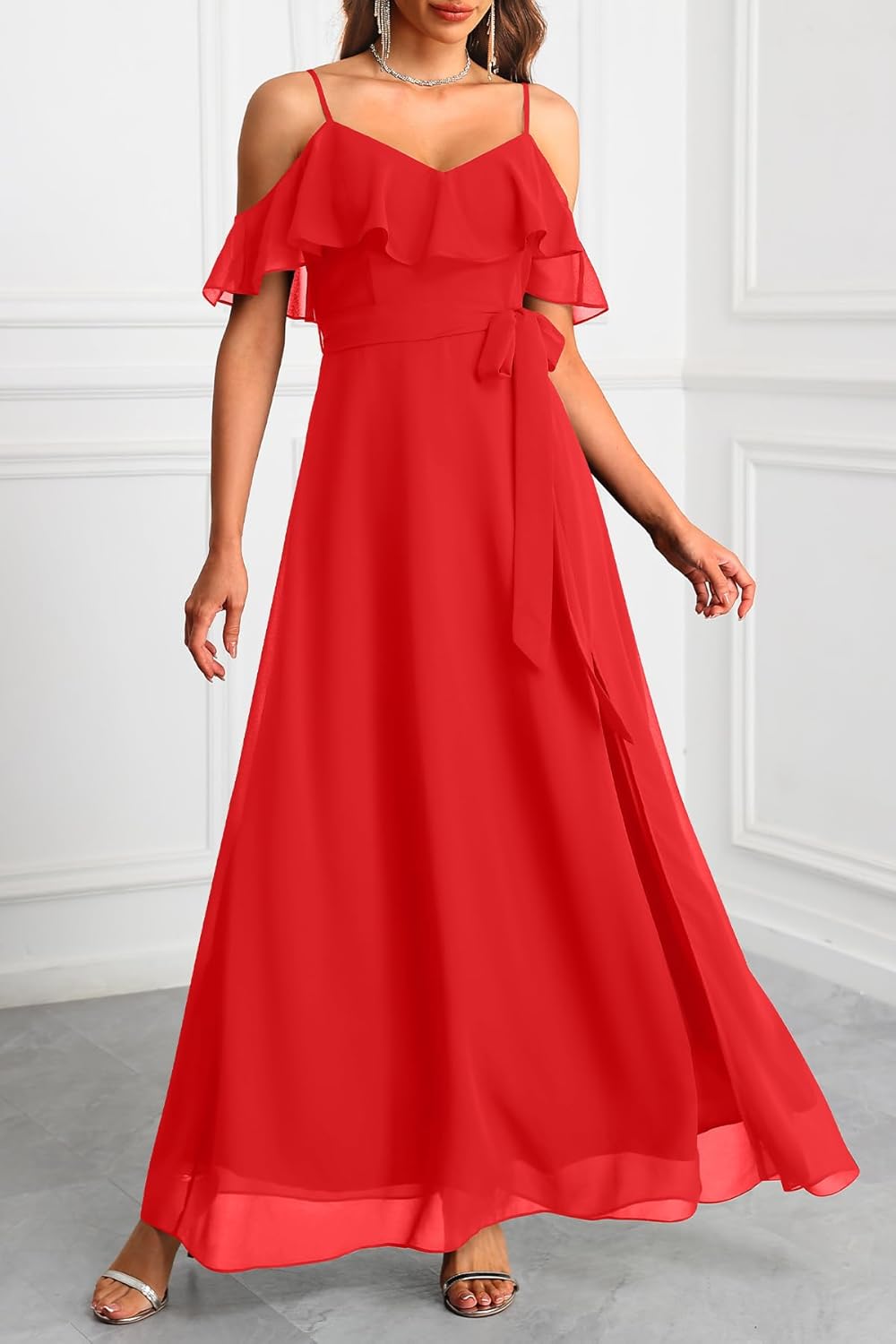 Formal Dresses for Women - Off The Shoulder Wedding Guest Bridesmaid Prom Chiffon Flowy Split A-Line Long Dress - Image 6