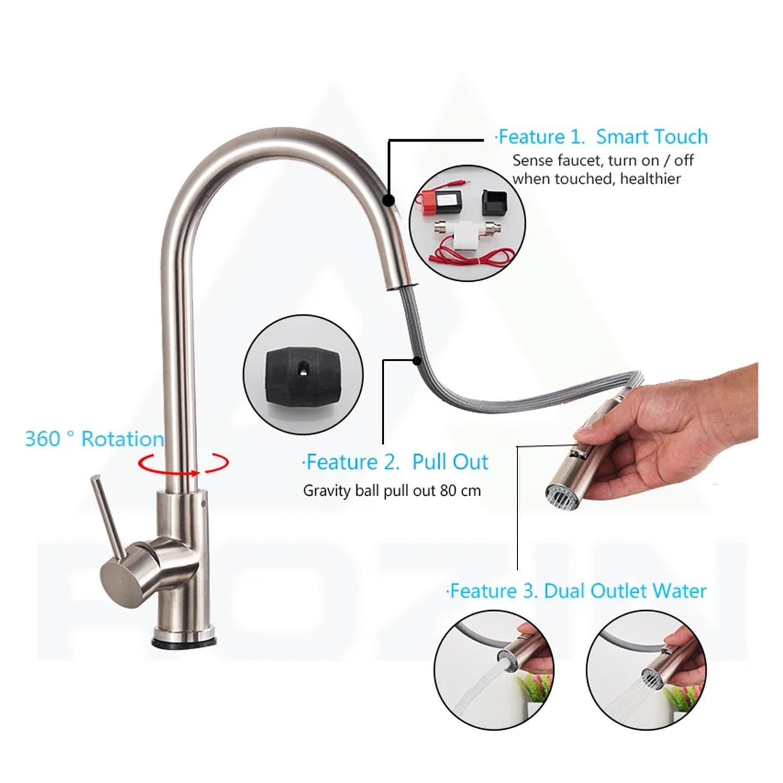 Smart Touch Küchenarmatur Schwarz Ausziehbarer Sensorhahn Schwarz/Nickel 360-Grad-Schwenkkran 2 Ausgänge Wassermischhahn(Brushed nickel sense)