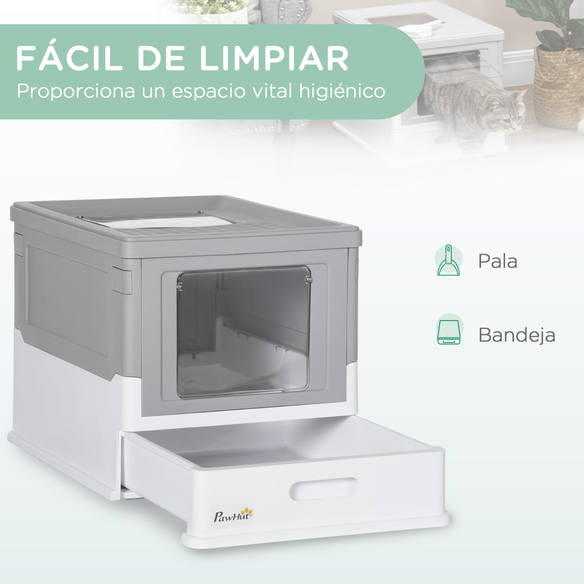 PawHut Arenero para Gatos Plegable Bandeja Extraíble Tapa Gris y Blanco | Caja de Arena para Gatos, Pala, Fácil de Limpiar, Control de Olores, Antichapotones, para Raza Pequeña y Mediana