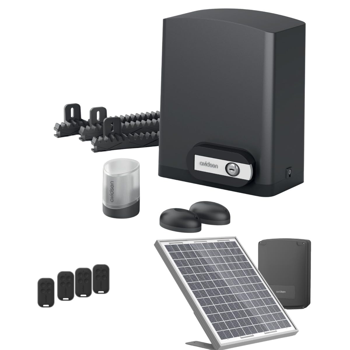 Avidsen Orea 550 Solaire, Motorisation Portail Coulissant Solaire, Kit Automatisme Complet, Jusqu'à 8m et 500kg, Panneau Solaire 20W, 4 Télécommandes, Sécurité, Arrêt sur Obstacle, sans Fil, Gris