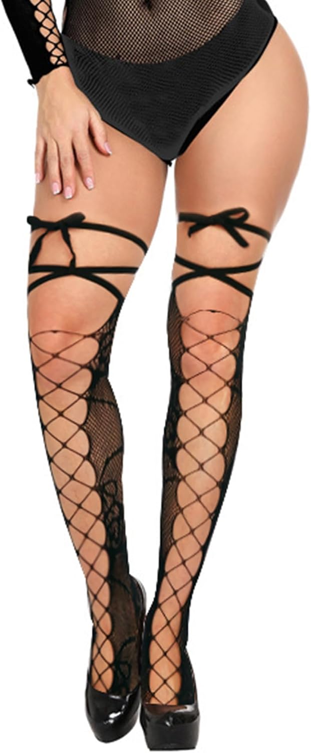 Violet Mist Women Fishnet Thigh High Stockings with Ties Sexy Hollow Out Sheer Pantyhose Nylon Over Knee High Hosiery Socks