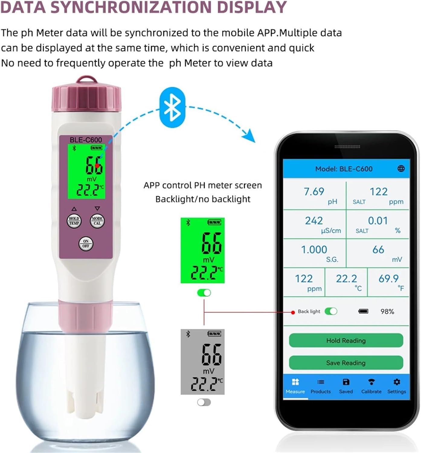 1pc BLE-C600 Compatible Water Quality Pen 7 in 1 PH EC TDS ORP Salt S.G Temp Meter APP Intelligent Control Tester