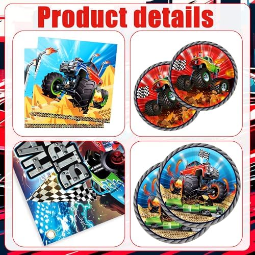 LaVenty Monster Truck Birthday Plates Napkins Monster Trucks Birthday Decoration Monster Trucks Party Supplies Monster Truck Backdrop Balloons Banner — view 6