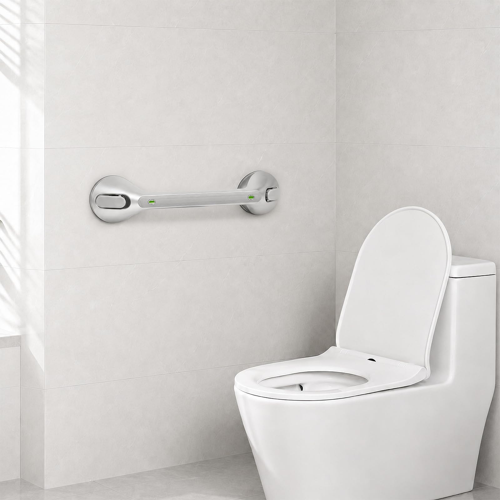 Newthinking Maniglia lunga a ventosa per bagno, maniglia doccia a ventosa da 40,6 cm con indicatore, maniglia portatile di sicurezza a ventosa per la mobilità per anziani disabili (2, argento)