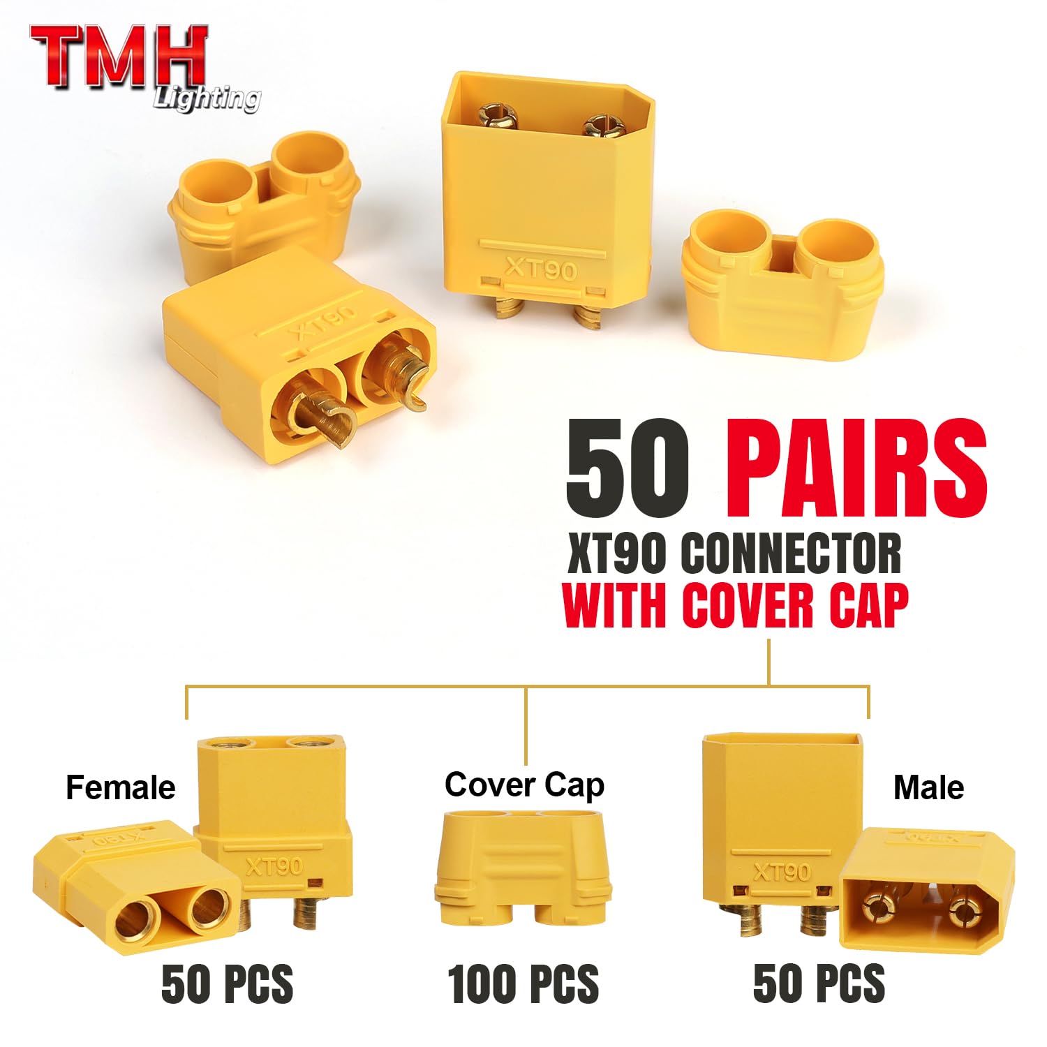 TMH 50 Pairs XT90 Connector with Heat Sheath XT-90 Male Female Bullet Connectors Power Plugs for RC Lipo Battery Motor (Pack of 100)