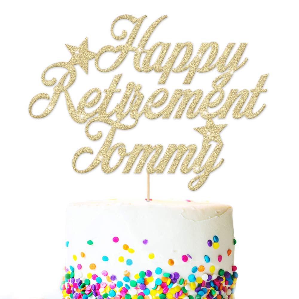 EDSG Personalised Cake Topper for Retirement | Custom Cake Decoration With Any Name | Double Sided Multicolour Glitter Party Decoration Hand Finished in UK(Champagne Gold)