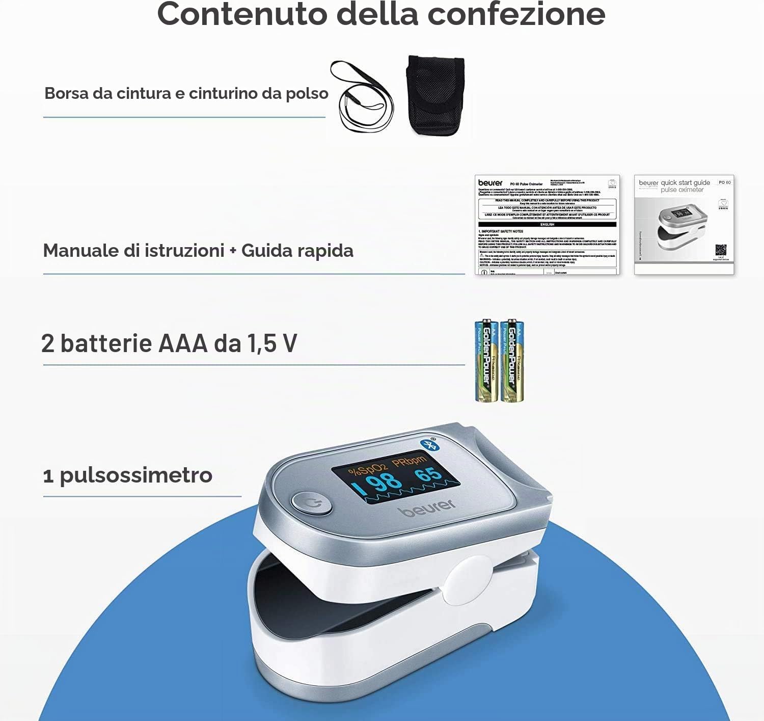 Beurer PO 60 Saturimetro Bluetooth a Lettura Istantanea con Visualizzazione Grafica del Battito Cardiaco e 100 Posizioni di Memoria