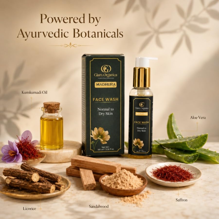 Image of Madhura Ayurvedic Face Wash with Almond & Kumud Flower Extract | Gentle Daily Cleanser for Normal to Dry Skin | Hydrating & Skin Brightening | Sulphate & Paraben Free | 100 ml