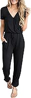 PRETTYGARDEN Women's Short Sleeve V-Neck Wrap Jumpsuit Romper - Casual Summer Vacation Travel Outfits with Pockets