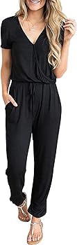 PRETTYGARDEN Women's Summer Casual Deep V Neck Short Sleeve Wrap Drawstring Waist Jumpsuit Romper