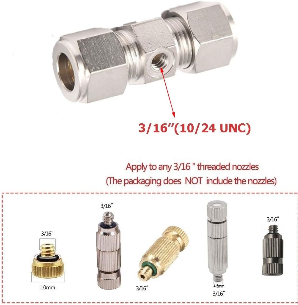 GQQGSHOP 10pack Brass Compression Connector for Misting System 3/8'' (9.52mm) Connector, 9.52mm Straight Double Spray Seat, High Pressure Nozzle Fitting for Pipe Connection