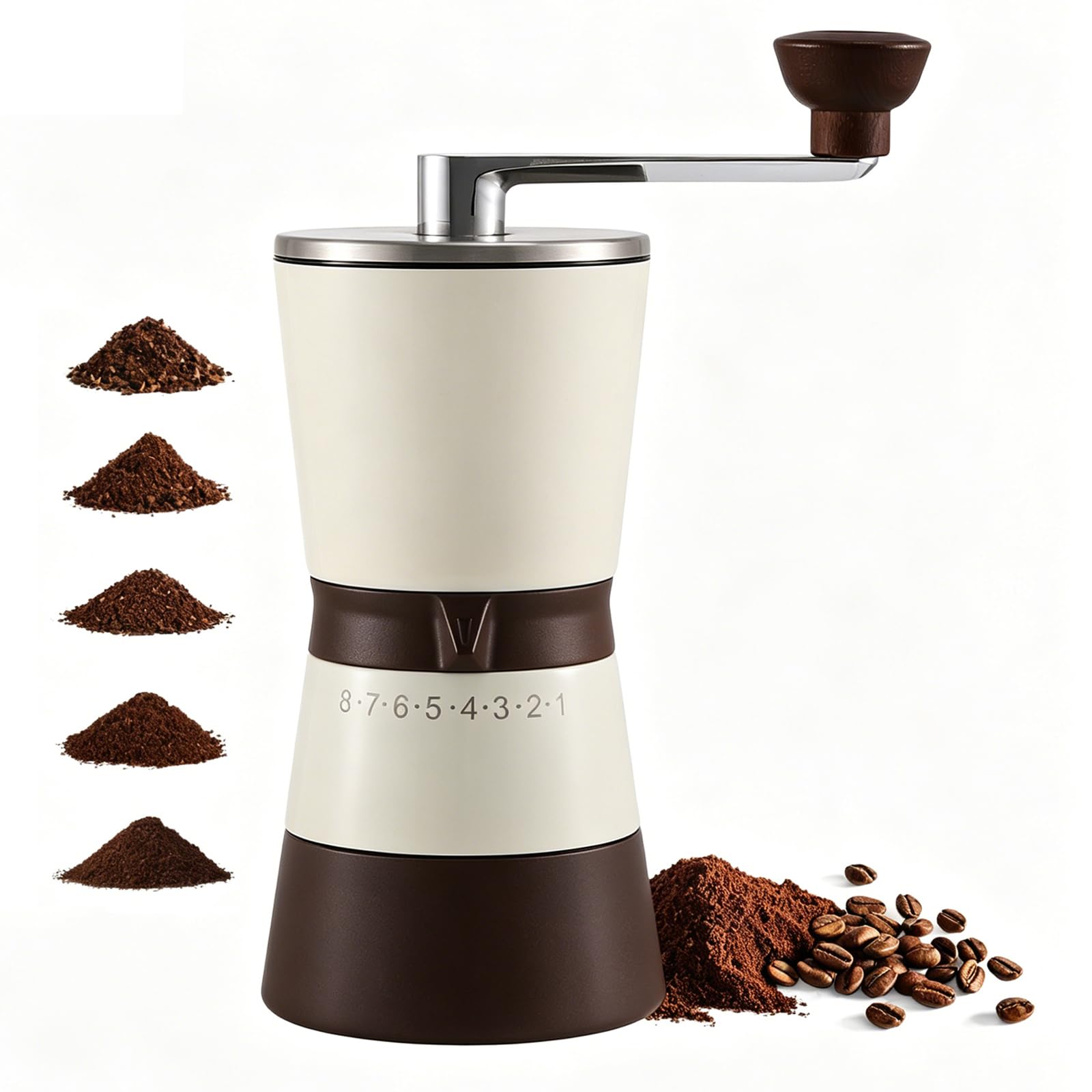 Molinillo de café manual para viajes y camping con cuerpo de acero inoxidable y 8 niveles