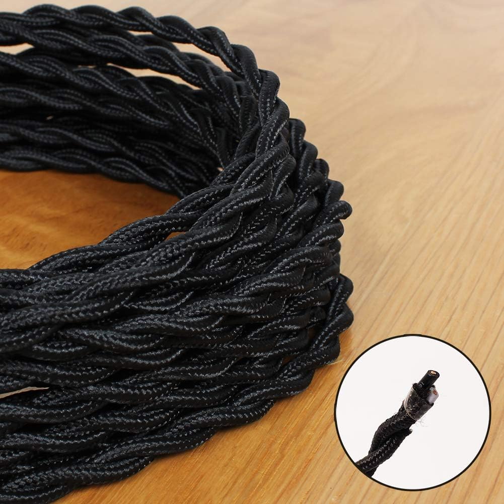 25ft Fabric Cloth Covered Lamp Twisted Wire,PRUNLLA Vintage 18/2 Industrial Electrical Cord,18-Gauge Antique Style for Retro Lamp,DIY Projects(Black)