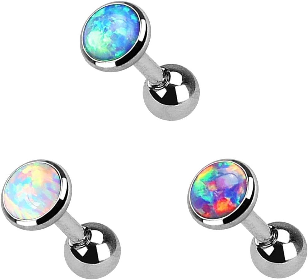 SODIAL(R) Barbell Ear Rings 3 Lot Colorful Flat Opal Tragus Cartilage Bar Ear Rings Barbell Piercing Jewelry Gem Size:3mm