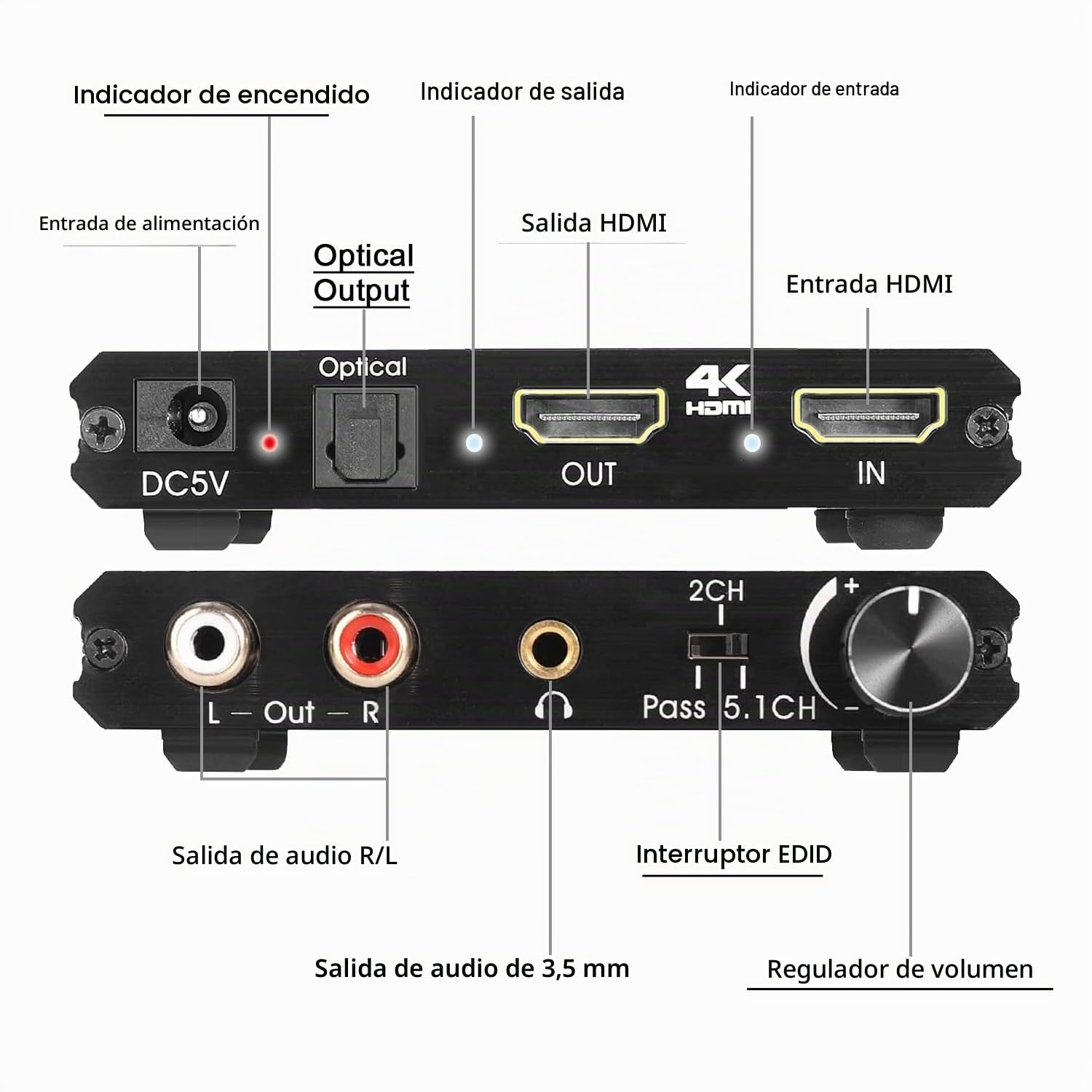 HDMI 2.0 Convertidor de Audio, HDMI Óptico Toslink SPDIF 3.5mm Estéreo RCA L/R Salida de Audio Extractor, Control Volumen, Compatible 4K@60Hz HDCP 2.2 HDR 3D YUV 4:4:4, para PS4/5 Blu-ray