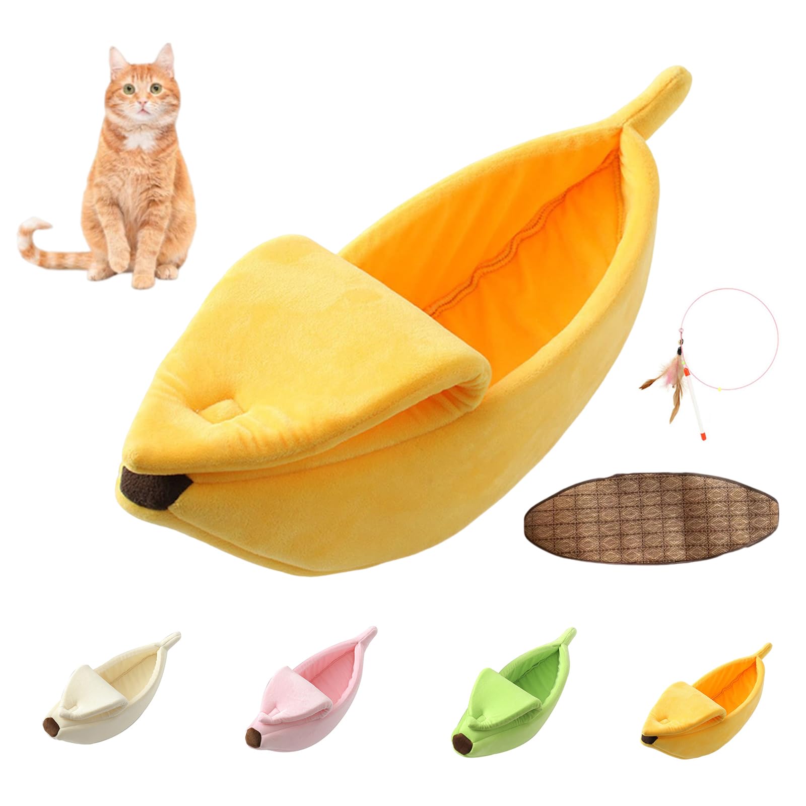 Banana Bed for Cats, Creative Banana Shape Pet Bed, Cute Breathable Cozy Warming Pet Sofa Bed for Cats Small Dogs Universal in All Seasons (Yellow+Cooling Mat, 88 * 30 * 20cm)