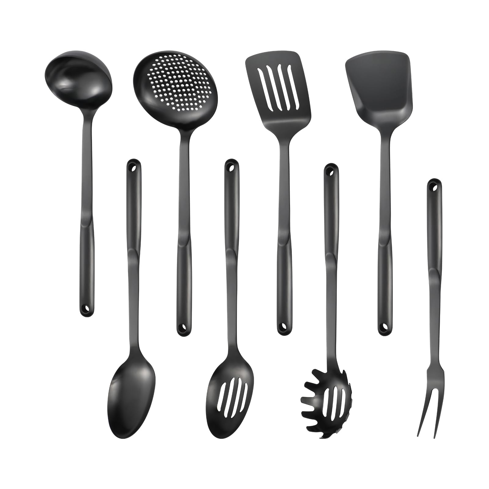 Izurok Kitchen Utensil Set, 8-Piece Cooking Utensil Set,Include 304 Stainless Steel Spatula Skimmer, Soup Ladle, Spaghetti Server,Slotted &amp; Solid Spoon, Slotted Spatula Turner, Meat Fork(Black）