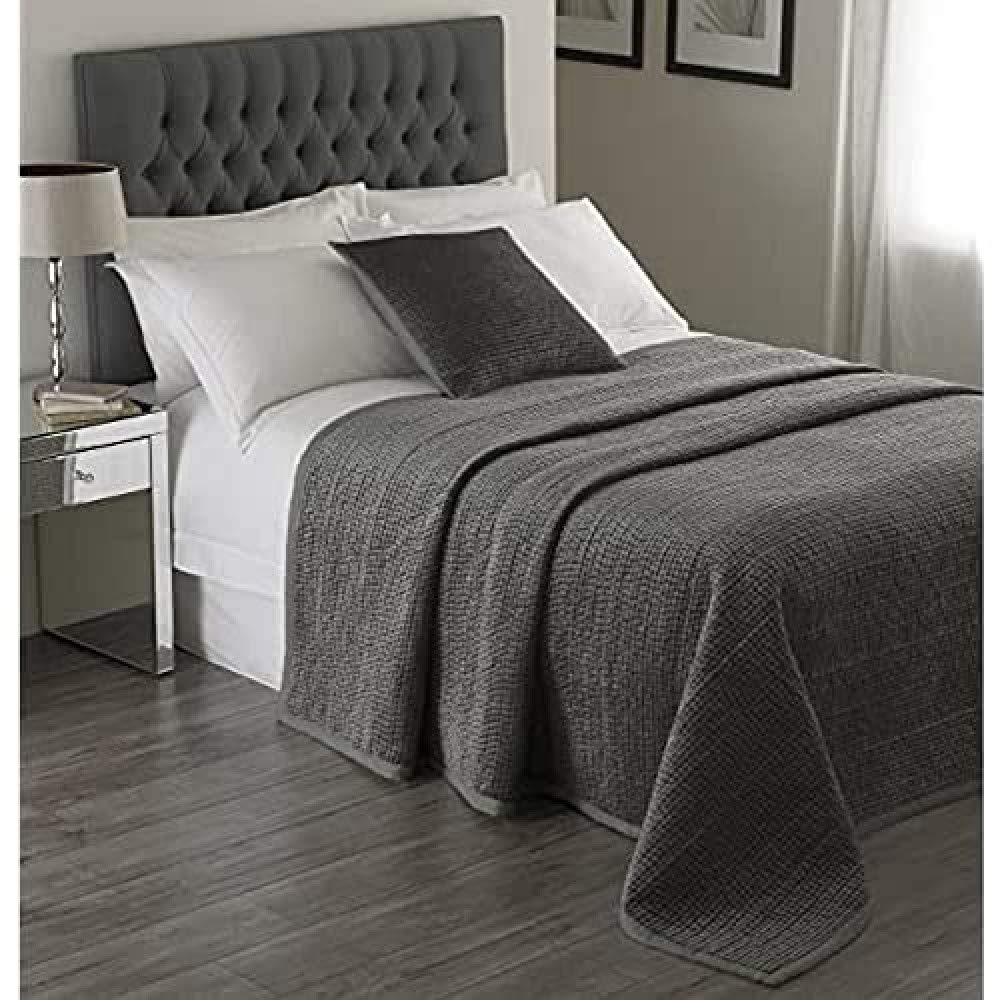 Paoletti Riva Brooklands Luxury King Size Bedspread - Graphite Grey - Velvet Feel Quilt Design - Linen Border - 265 x 265cm (104" x 104" inches)