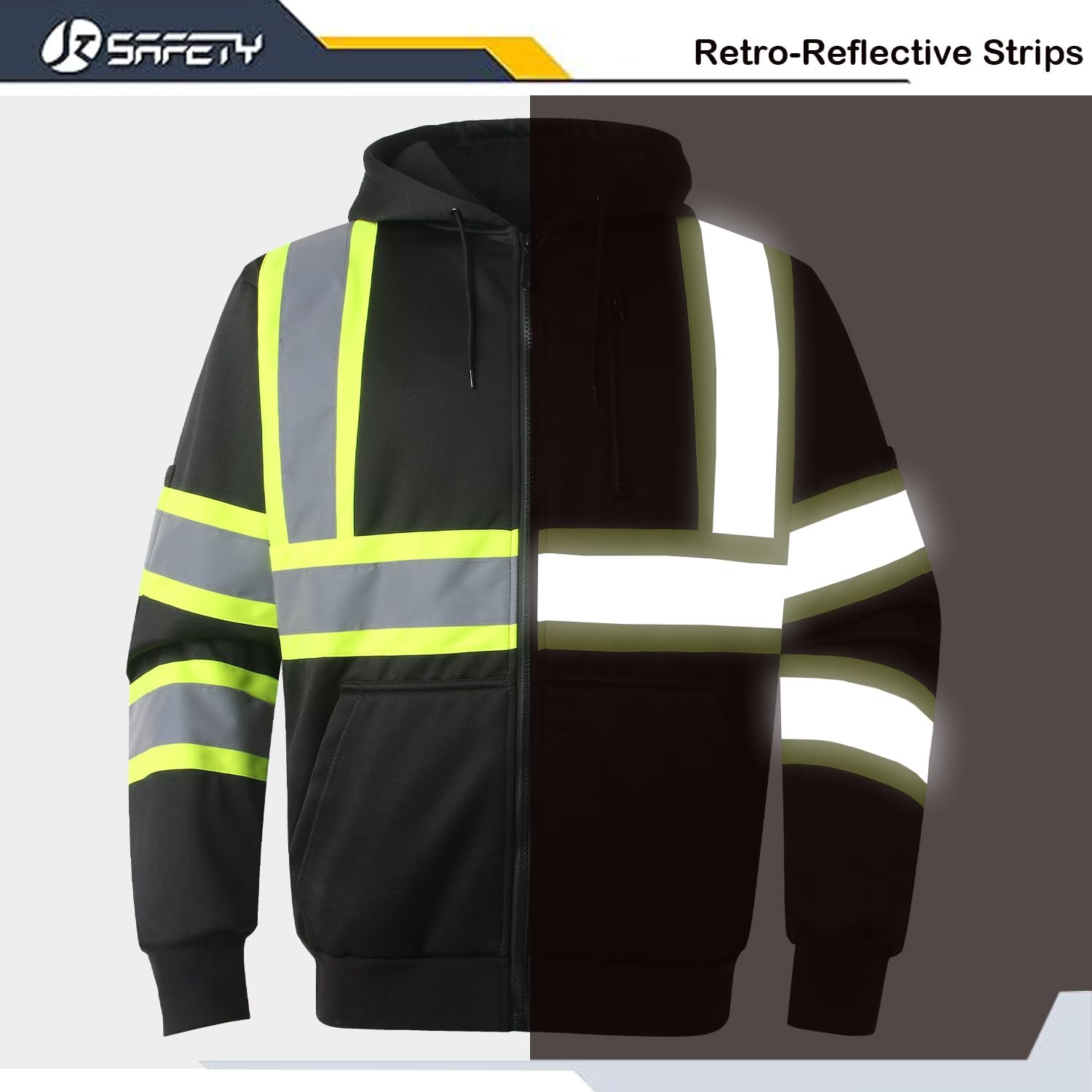 JKSafety Hi-Vis Safety Sweatshirt for men women High Visibility Zip-Up Hooded Sweatshirt Hoodie work utility Reflective Strips with Extended Trims (JK121-Black,S) - Image 4