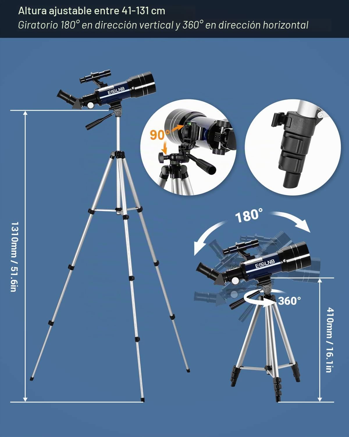 ESSLNB Telescopio 70mm 180X Telescopios Astronomicos con Ajustable Trípode Adaptador de Teléfono 3X Barlow Lente y Filtro de Luna